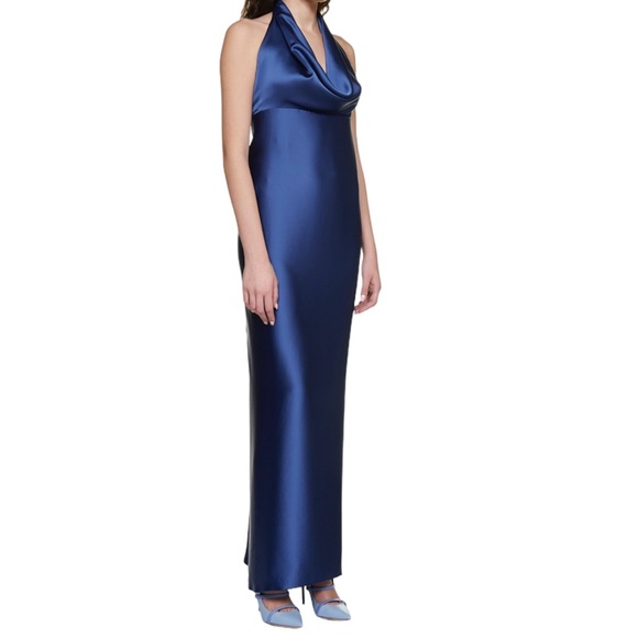 Blanca Vita Satin Blue Halter Maxi Formal Dress - Picture 3 of 8